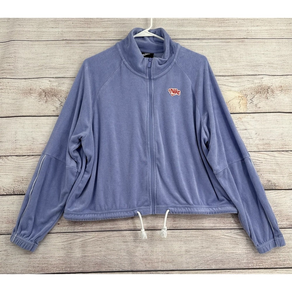 Nike Full-Zip Jacket Women XL Blue Cropped Terry Mock Neck Raglan